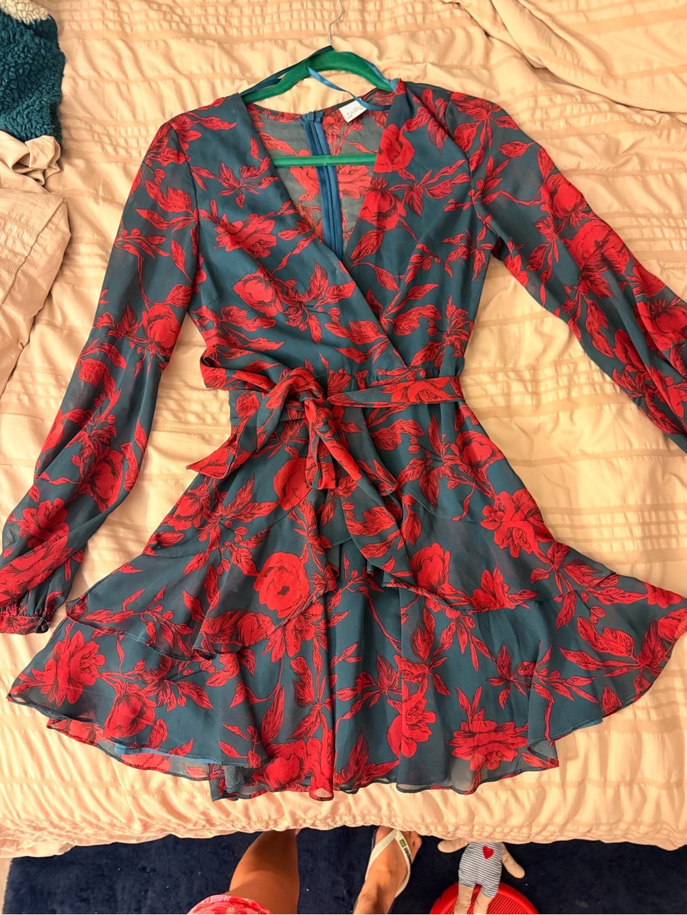 Floral Wrap Mini Dress in Red and Dark Green - Picture 3 of 5